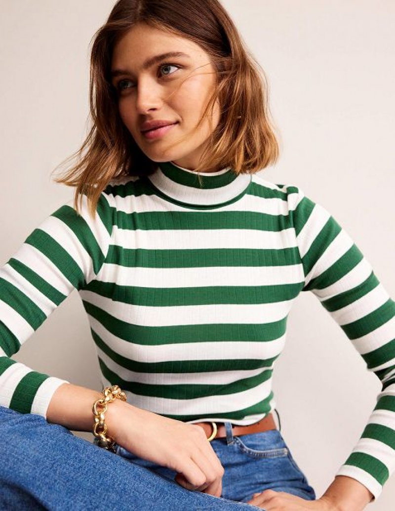 Green / White Women\'s Boden Anna Rib Roll Neck Tops | 60329SCXK