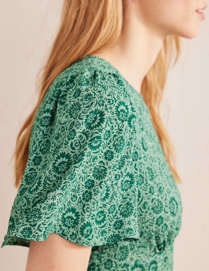 Green / White Women's Boden Flutter Sleeve Tops | 51829FSZI