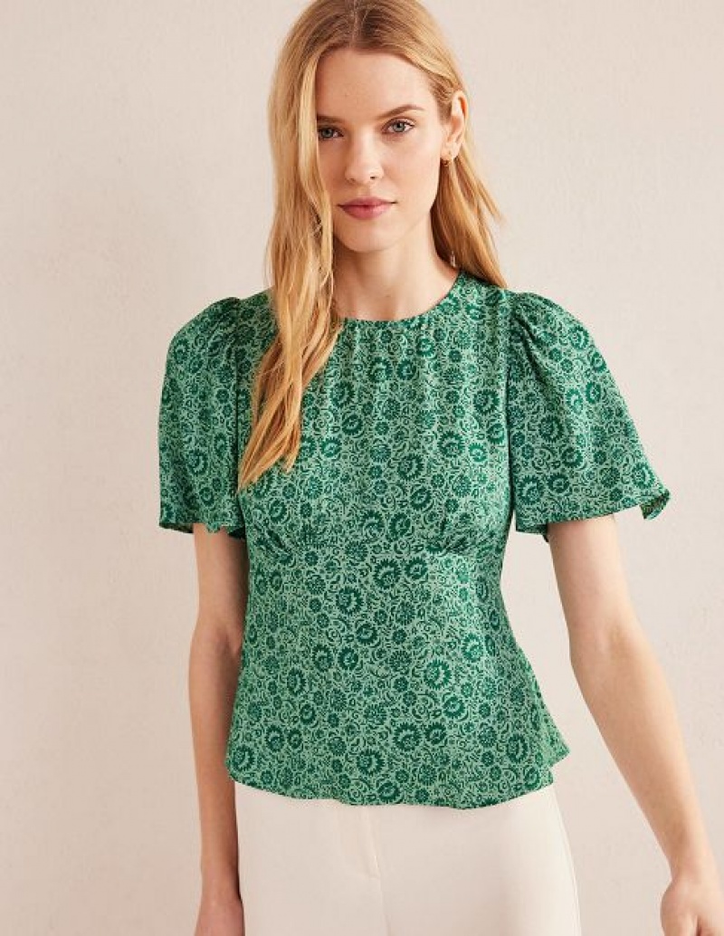 Green / White Women's Boden Flutter Sleeve Tops | 51829FSZI