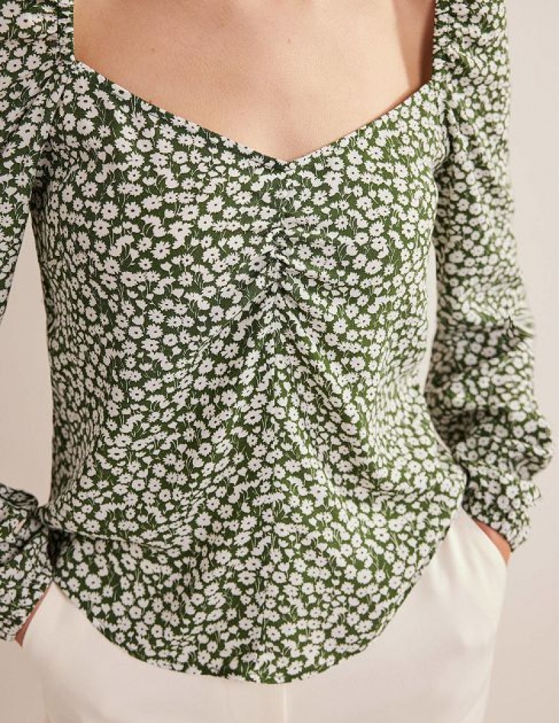 Green / White Women's Boden Sweetheart Printed Tops | 92160JNCF