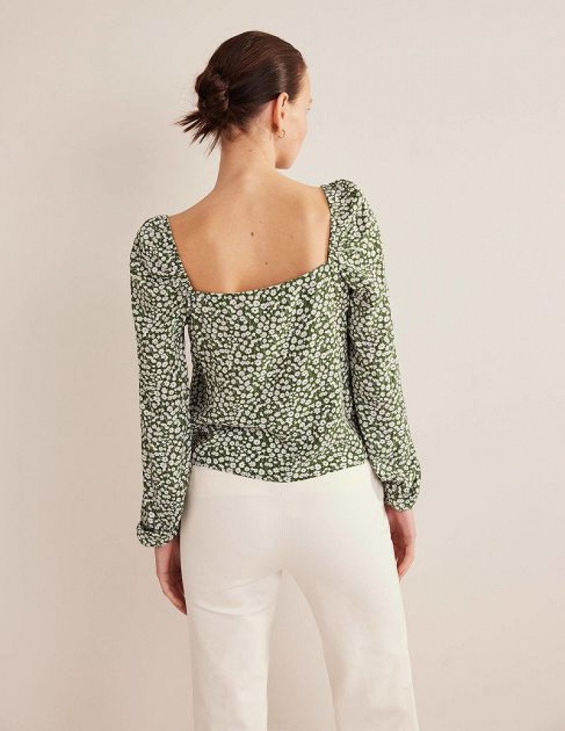 Green / White Women's Boden Sweetheart Printed Tops | 92160JNCF