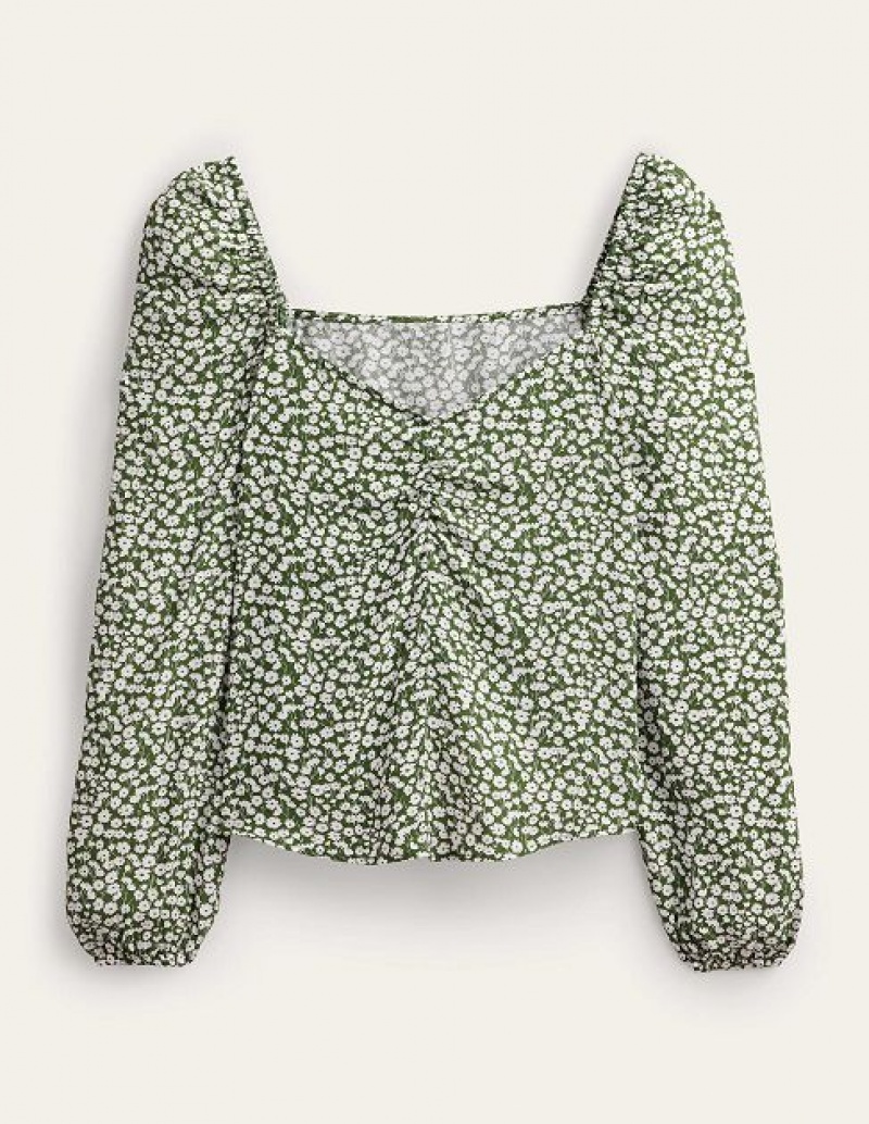 Green / White Women's Boden Sweetheart Printed Tops | 92160JNCF