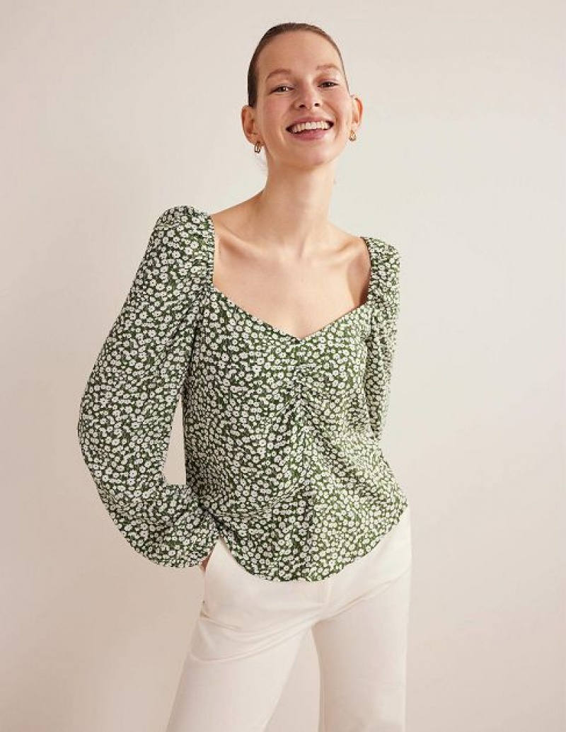 Green / White Women\'s Boden Sweetheart Printed Tops | 92160JNCF