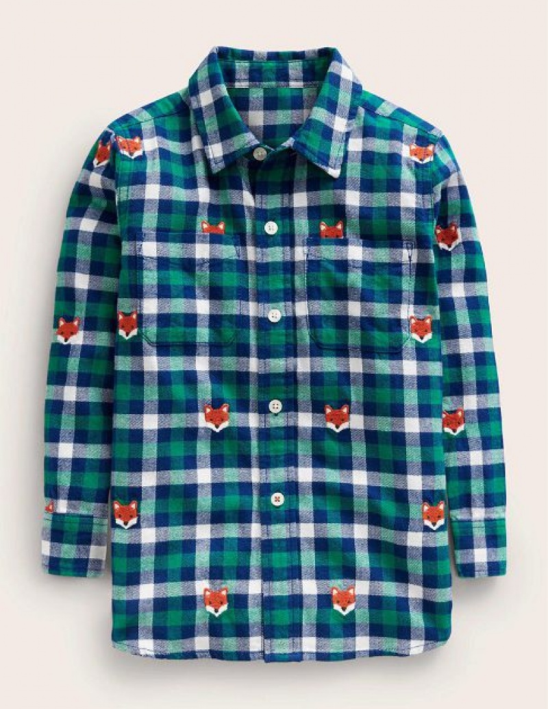 Green / White / Red Kids' Boden Embroidered Flannel Shirts | 38519FDKL