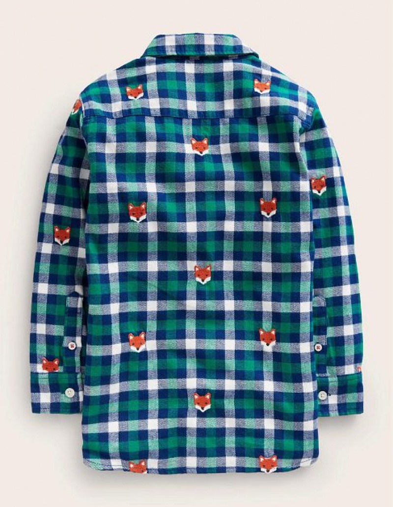 Green / White / Red Kids' Boden Embroidered Flannel Shirts | 38519FDKL