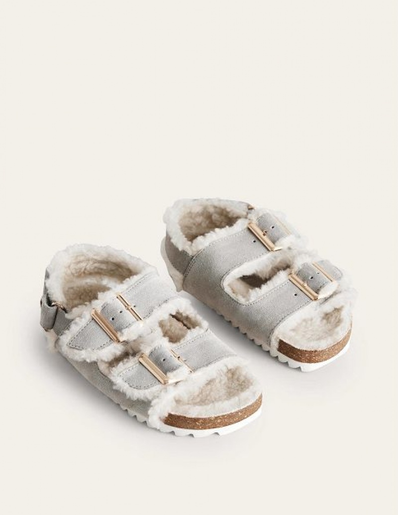 Grey Brown Kids' Boden Cosy Suede Buckle Sandals | 19236KSGR