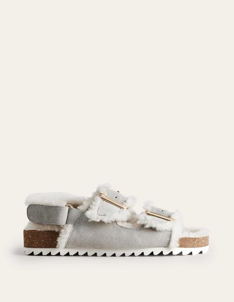 Grey Brown Kids\' Boden Cosy Suede Buckle Sandals | 19236KSGR