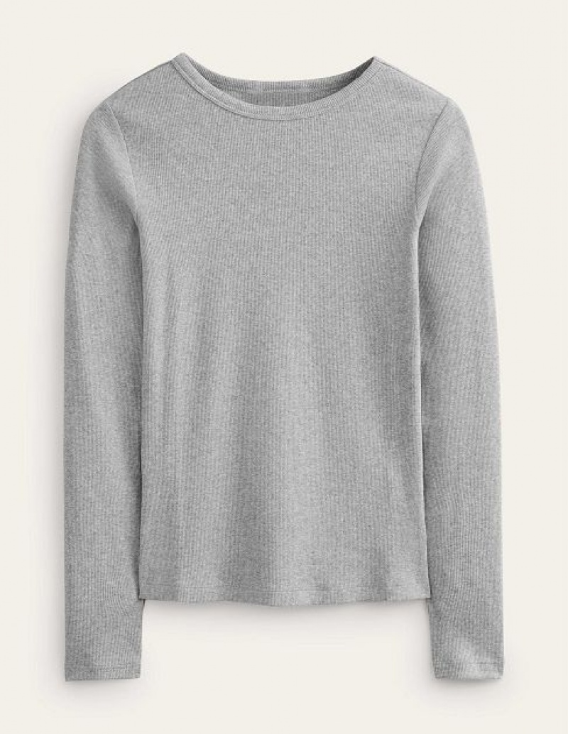 Grey Women's Boden Cotton Ribbed Long Sleeve Tops | 06154WPDU