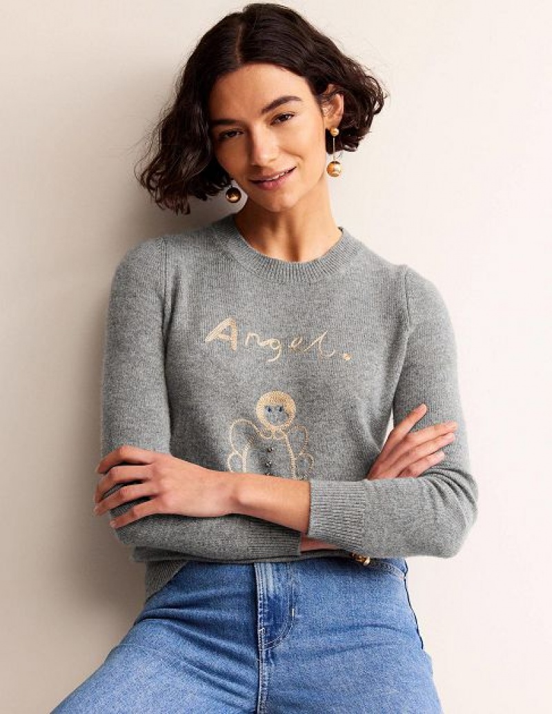 Grey Women's Boden Festive Embroidered Sweaters | 71942RJZH