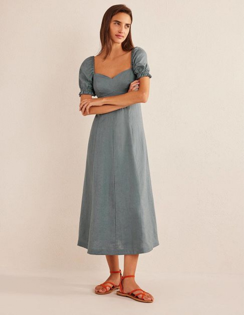 Grey Women\'s Boden Sweetheart Linen Midi Dress | 28350EYNS