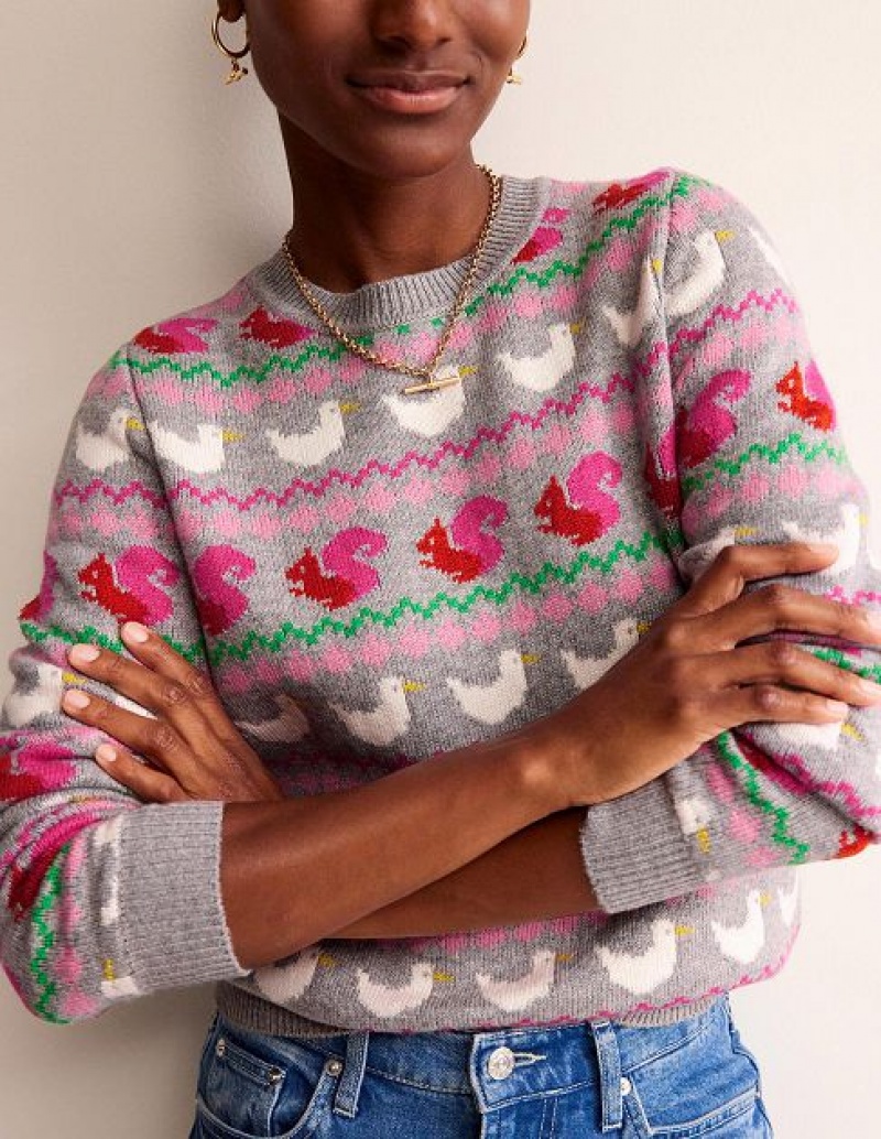 Grey / Red / Green Women's Boden Edie Fair Isle Sweaters | 62974TCYZ