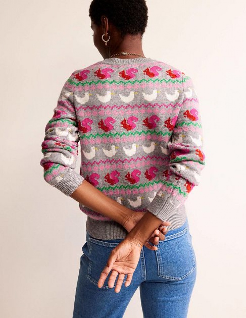 Grey / Red / Green Women's Boden Edie Fair Isle Sweaters | 62974TCYZ