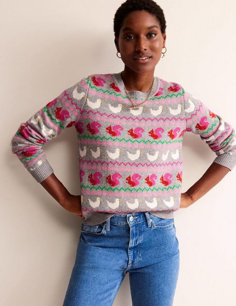 Grey / Red / Green Women's Boden Edie Fair Isle Sweaters | 62974TCYZ