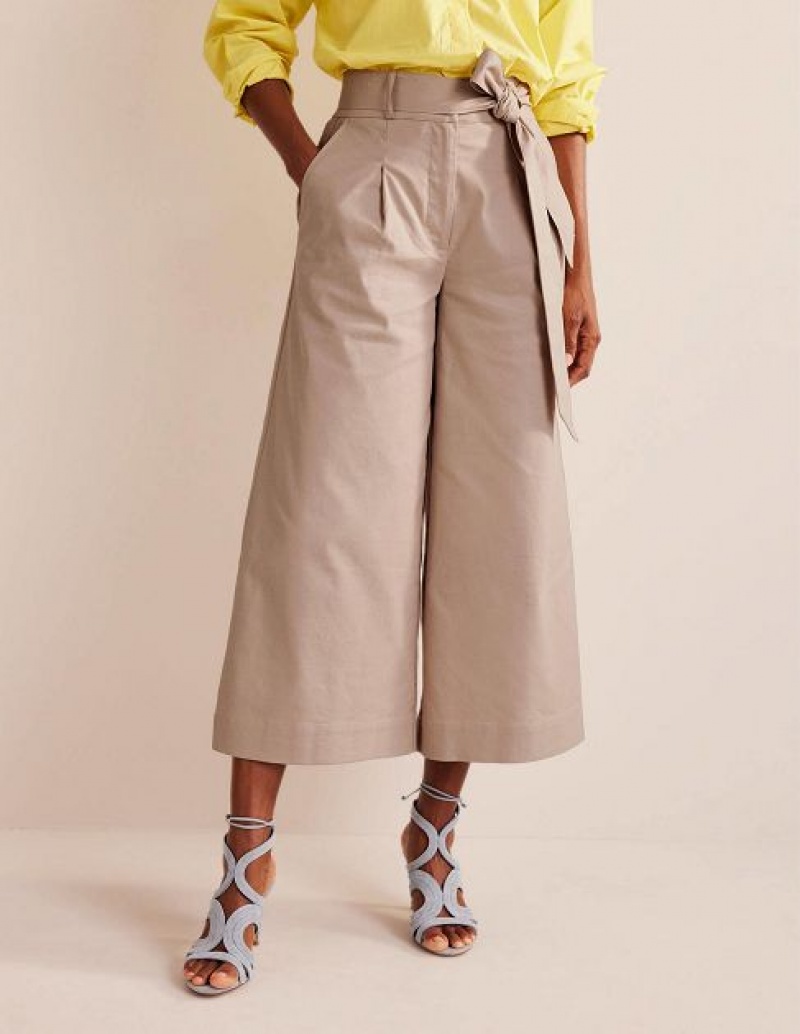 Khaki Women's Boden Belted Wide Leg Crop Pants | 60435JBRC