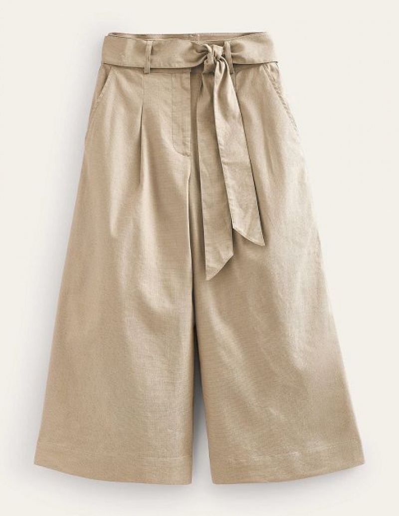 Khaki Women's Boden Belted Wide Leg Crop Pants | 60435JBRC