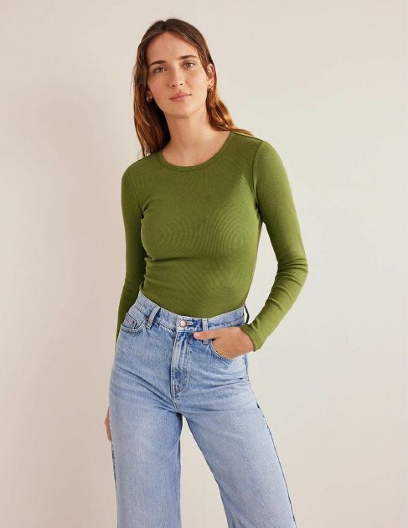 Khaki Women's Boden Cotton Ribbed Long Sleeve Tops | 35940VZBO