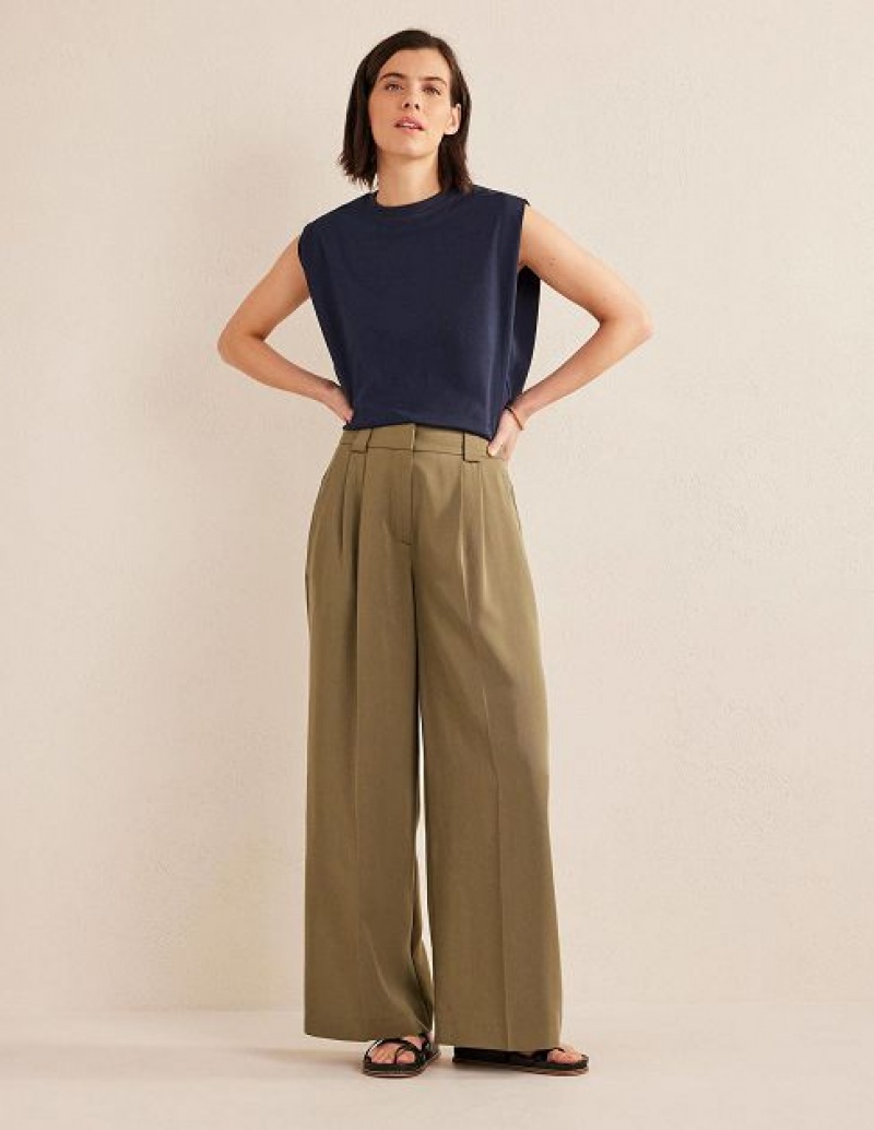 Khaki Women\'s Boden Islington Wide Leg Pants | 10879HCXP