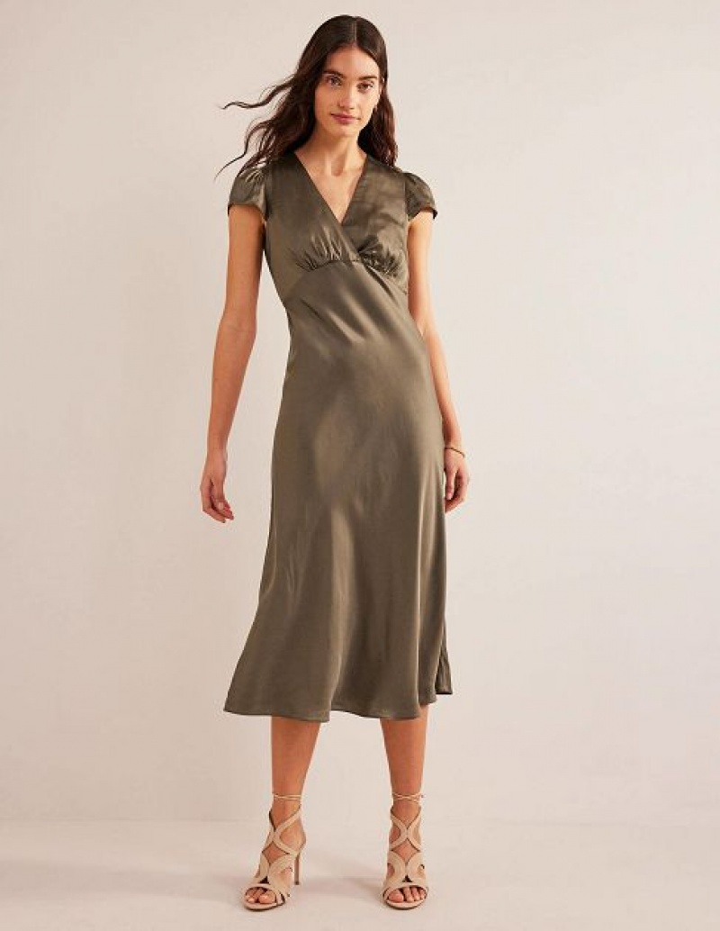 Khaki Women's Boden Satin Empire Midi Dress | 04826DCIQ