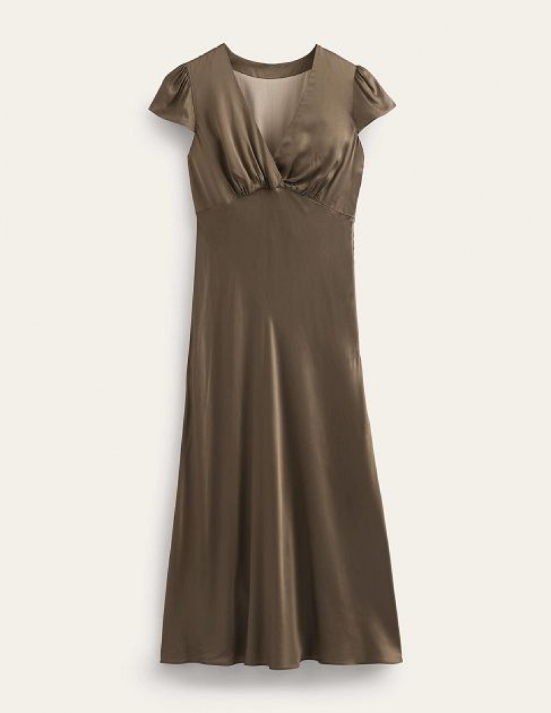 Khaki Women's Boden Satin Empire Midi Dress | 04826DCIQ