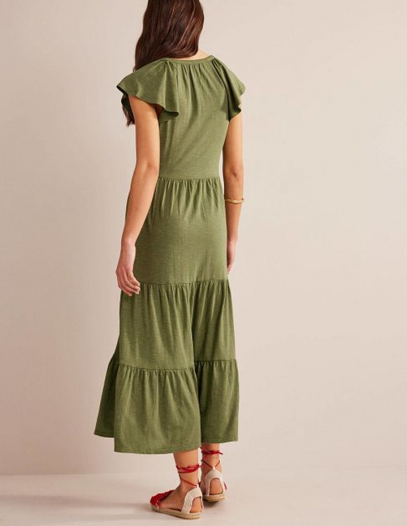 Khaki Women's Boden Tiered Jersey Midi Dress | 38261QOCU