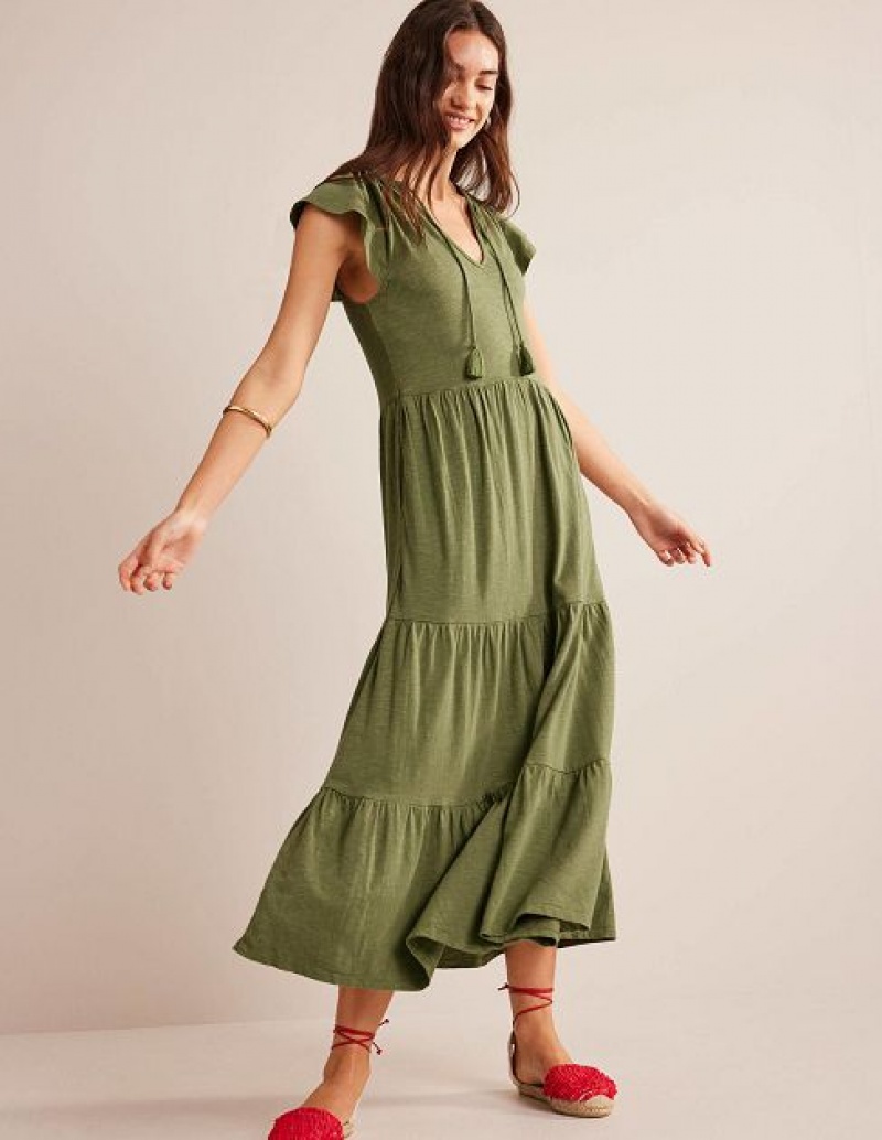 Khaki Women\'s Boden Tiered Jersey Midi Dress | 38261QOCU