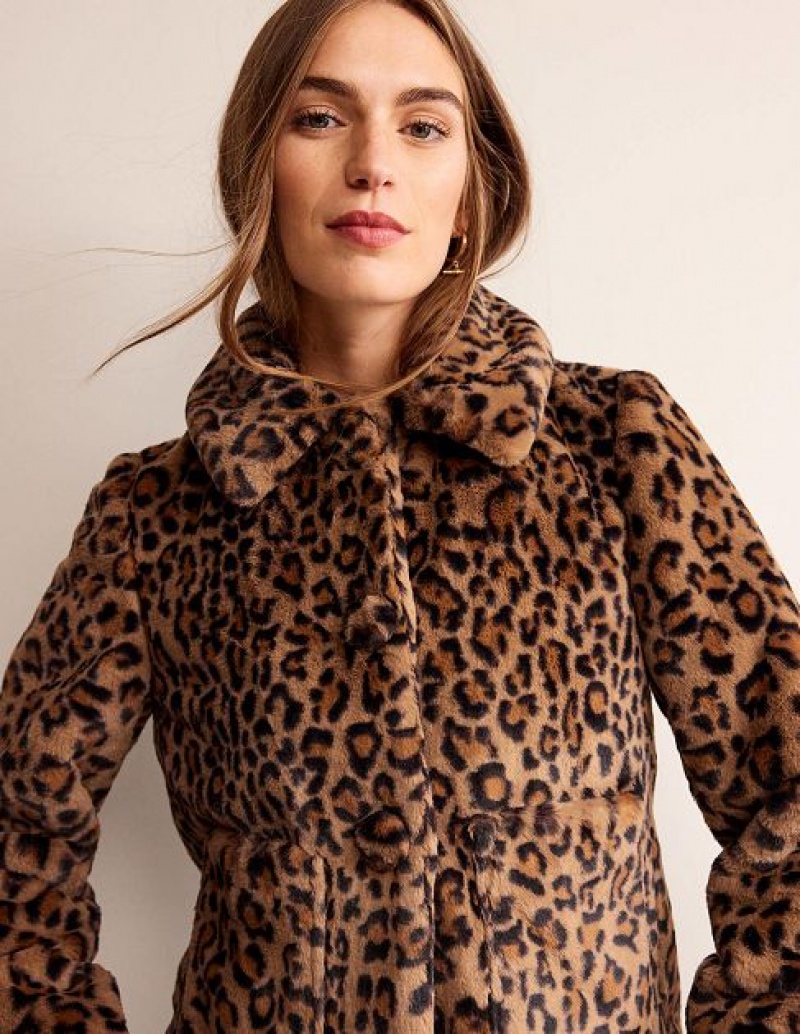 Leopard Women\'s Boden York Faux-fur Coats | 46209KMBE