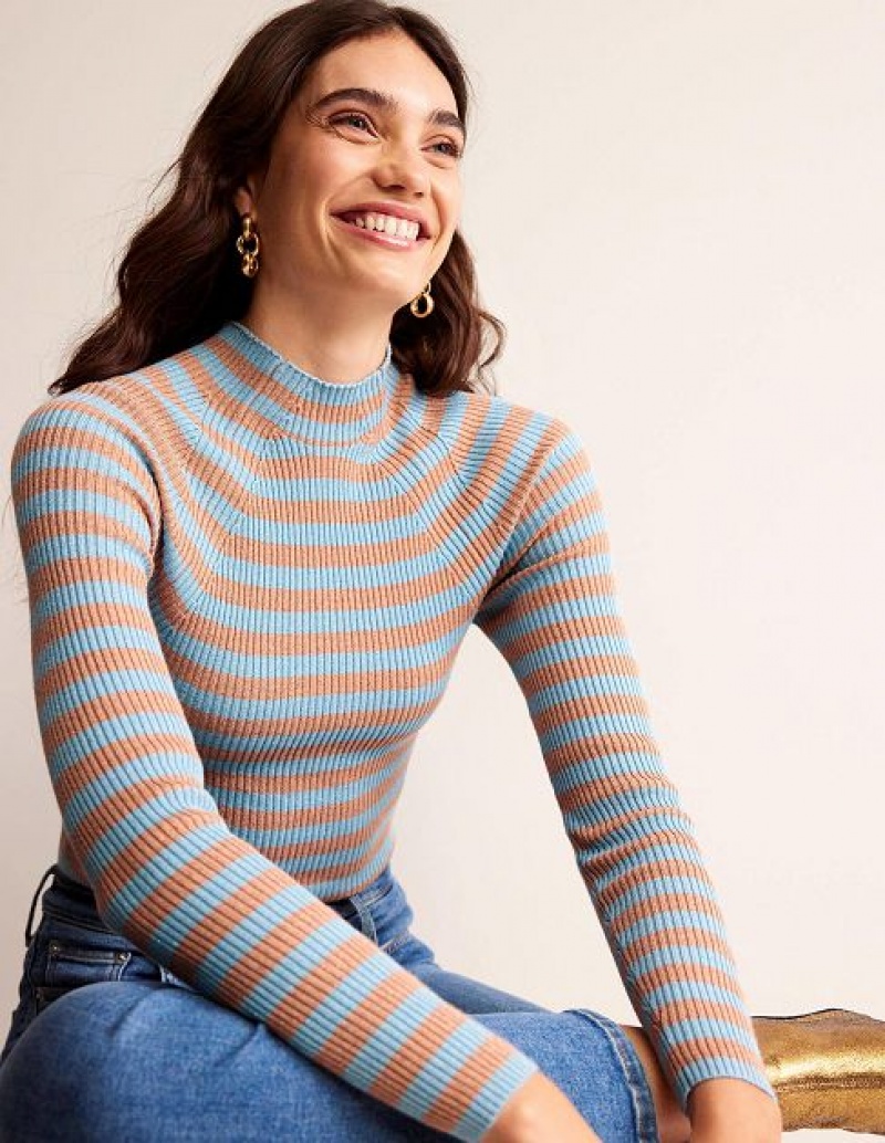 Light Blue Copper Women\'s Boden Ribbed Funnel Neck Sweaters | 36749JSZC