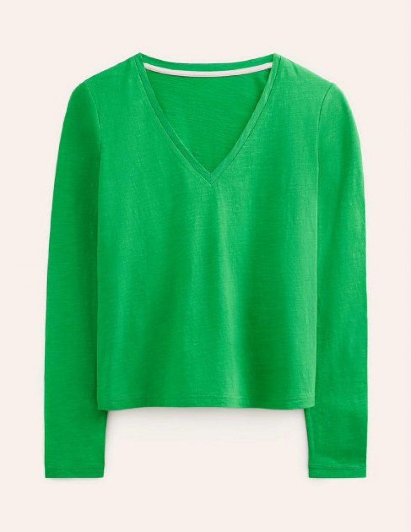 Light Green Women's Boden Cotton V-neck Long Sleeve Tops | 82456HNTK