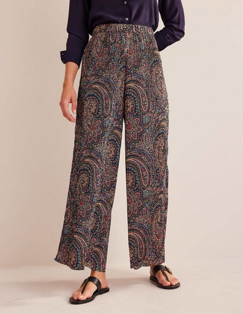 Light Navy Women's Boden Plisse Satin Wide Leg Pants | 90614VCDU