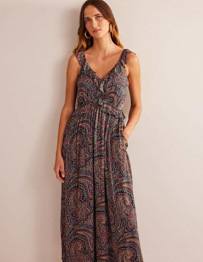 Light Navy Women's Boden Tie-back Ruffled Maxi Dress | 27435ACFR