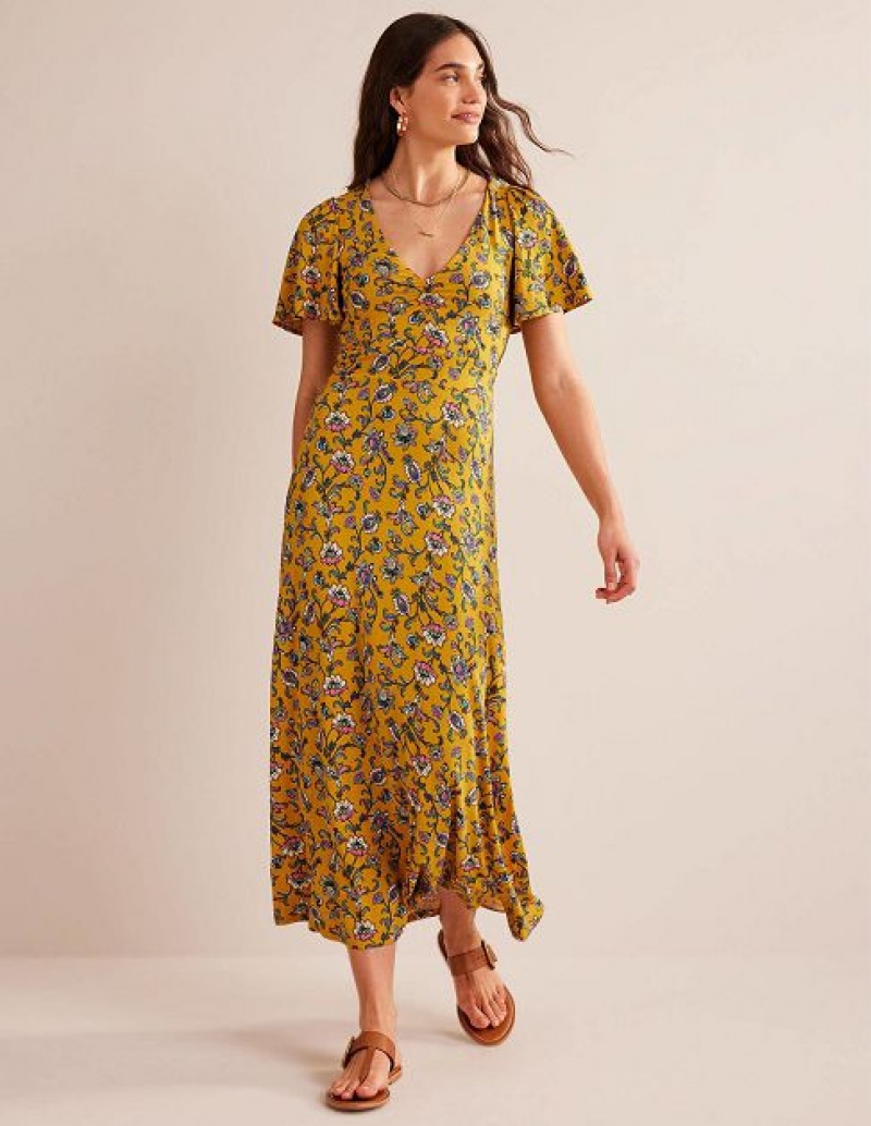 Mustard Women's Boden V-neck Jersey Midi Dress | 17925USJO