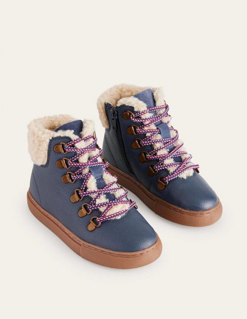 Navy Blue Kids' Boden Cosy Leather Lace Up Boots | 57064GJNF