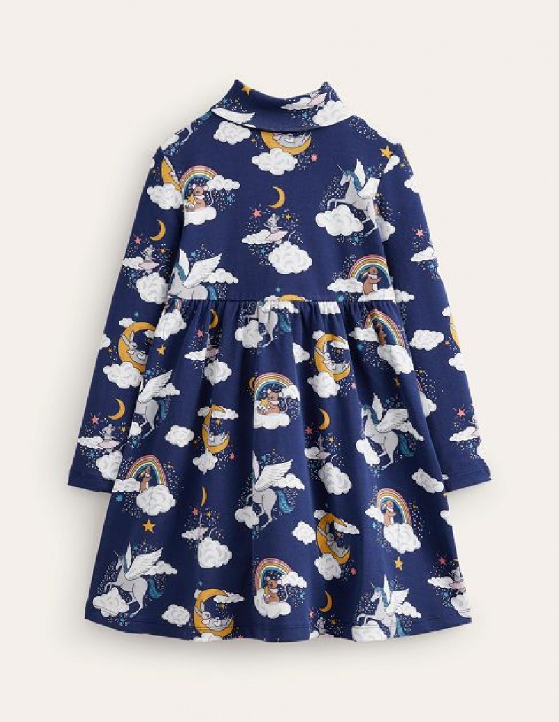 Navy Blue Kids' Boden Roll Neck Jersey Dress | 47981ZHIW