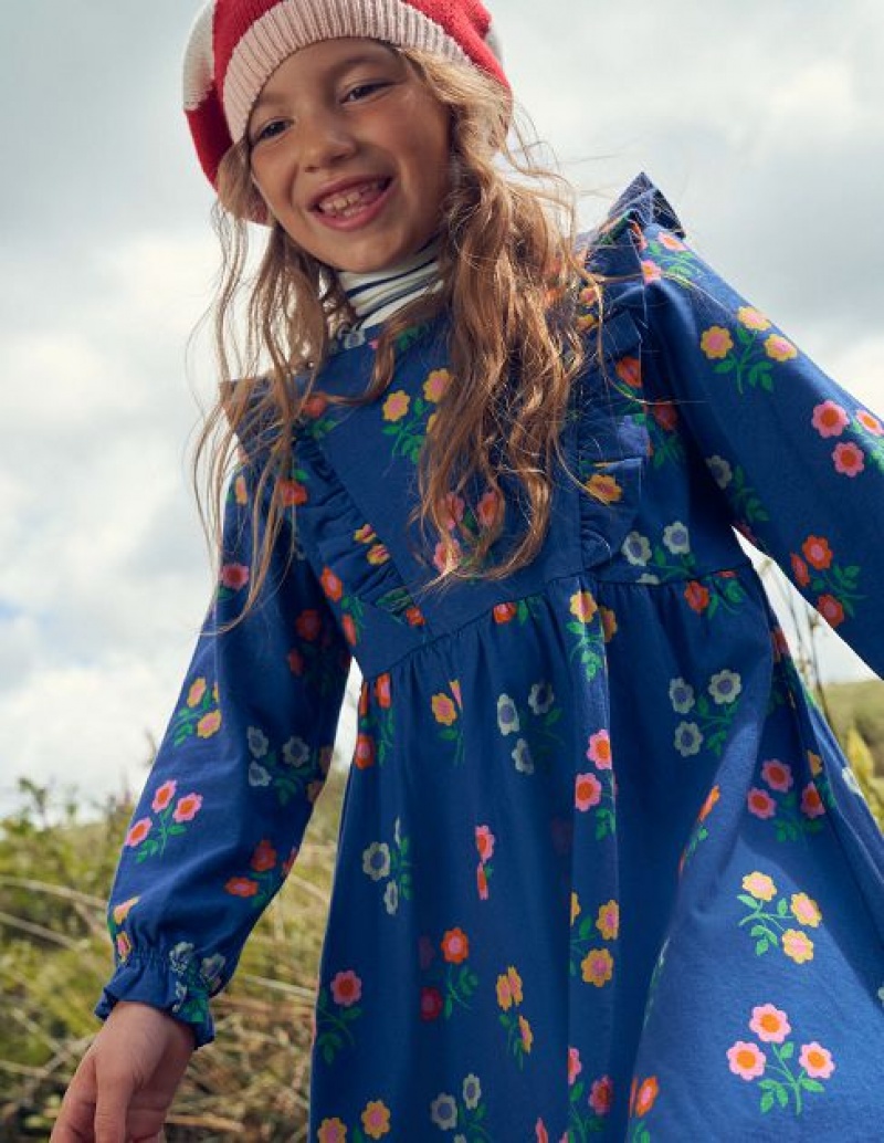 Navy Flower Kids' Boden Long Sleeve Ruffle Dress | 14358ZCLG