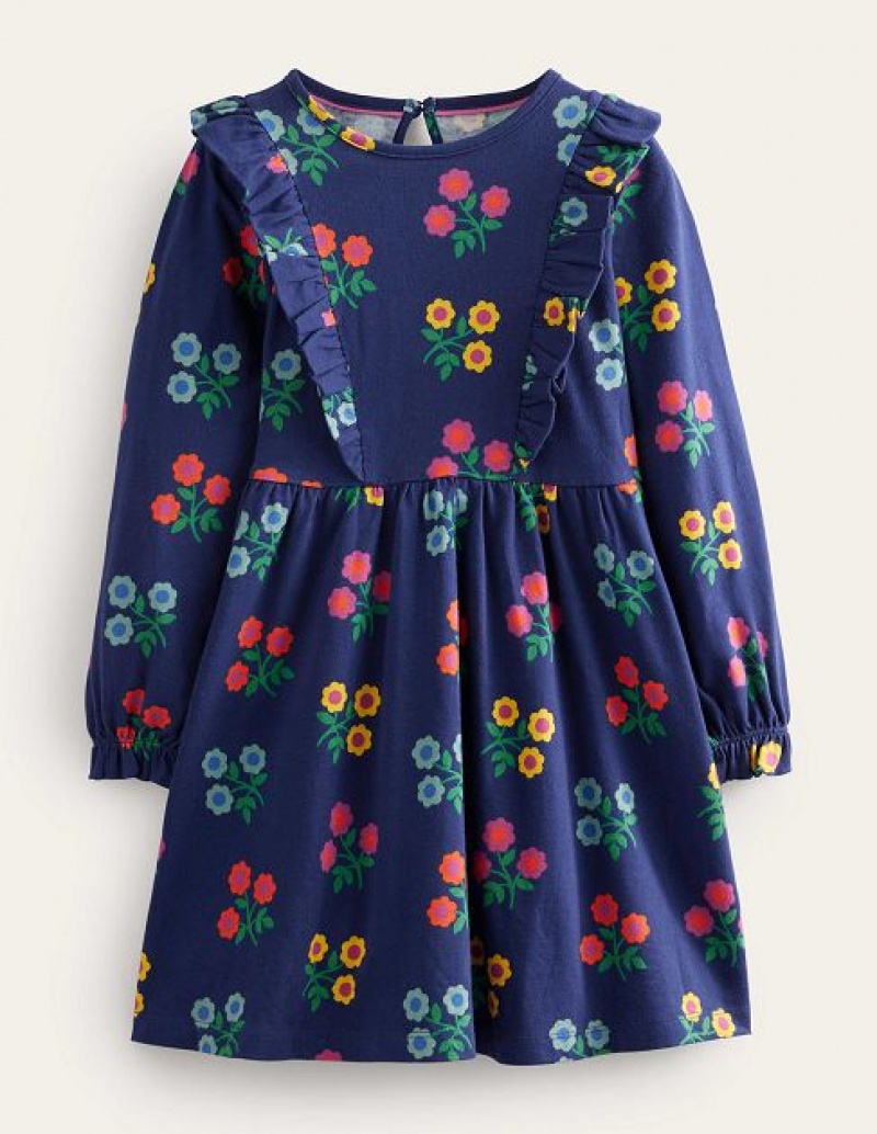 Navy Flower Kids' Boden Long Sleeve Ruffle Dress | 14358ZCLG