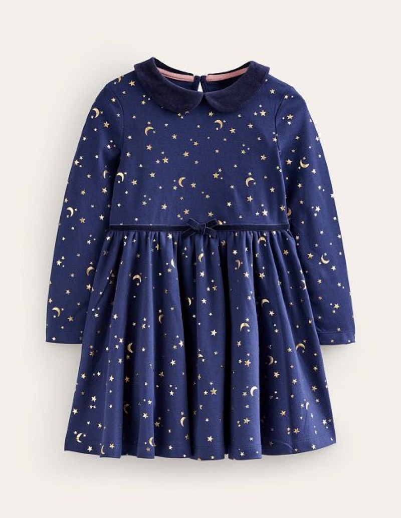 Navy Gold Kids\' Boden Collared Twirly Dress | 38504HOTN