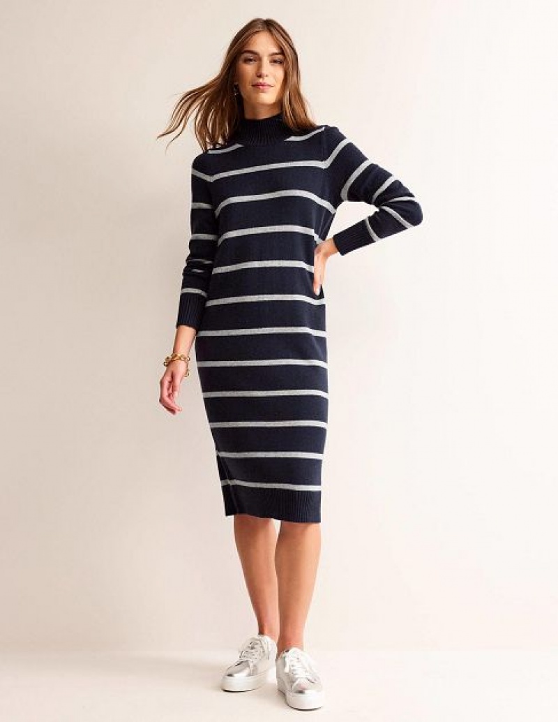 Navy Grey Women's Boden Verity Knitted Dress | 32087ZPHG