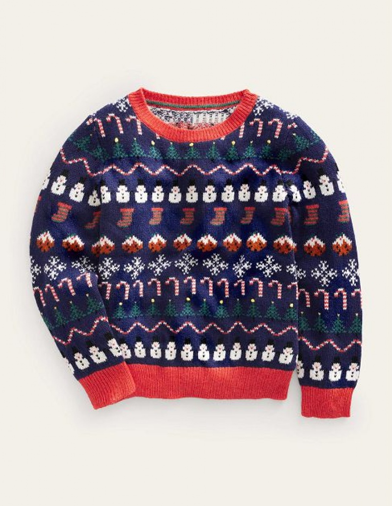 Navy Kids' Boden All Over Christmas Fairisle Sweaters | 76051PKTE