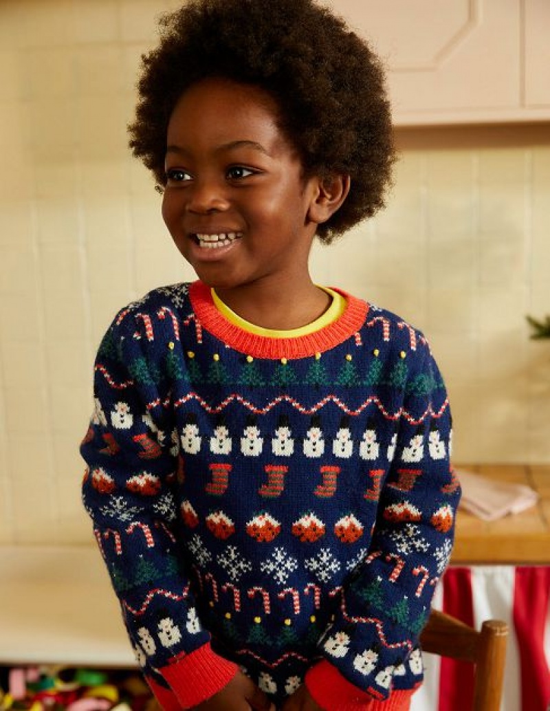 Navy Kids\' Boden All Over Christmas Fairisle Sweaters | 62358HJGK