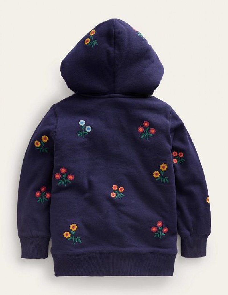 Navy Kids' Boden Embroidered Lined Hoodie | 87491AJPW