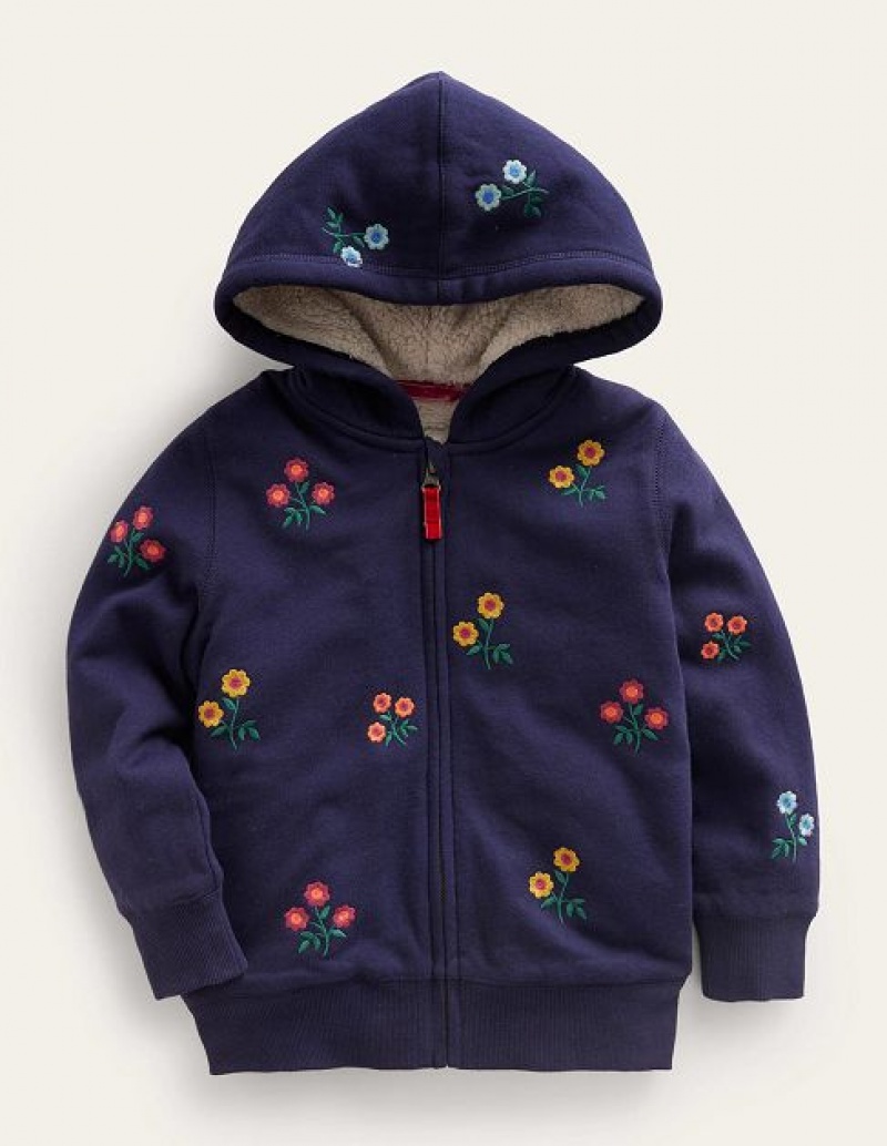 Navy Kids\' Boden Embroidered Lined Hoodie | 87491AJPW