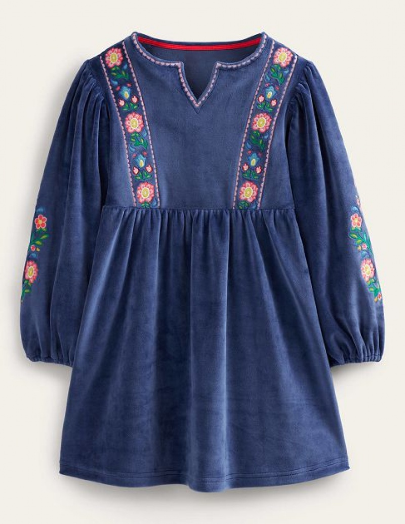 Navy Kids' Boden Embroidered Velour Dress | 96140CJRP