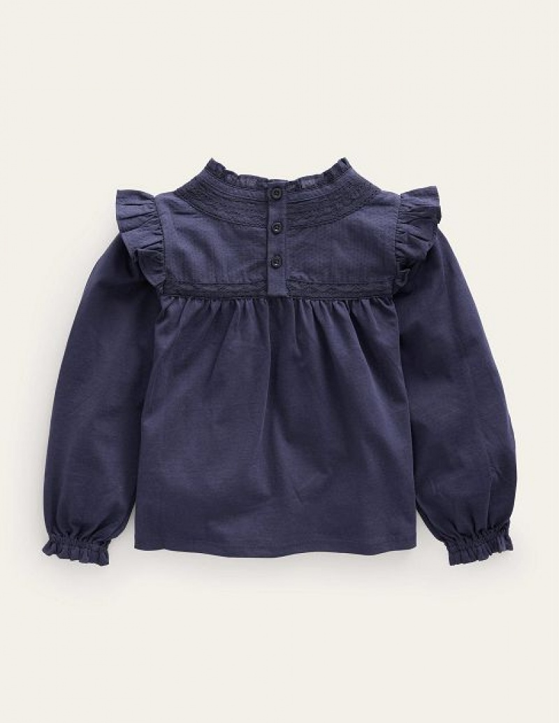 Navy Kids' Boden Lace Detail Jersey Tops | 06327XERT