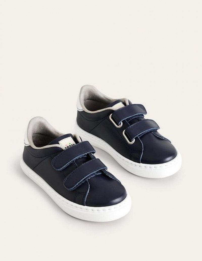 Navy Kids' Boden Leather Double Strap Low Tops | 08764EUSG