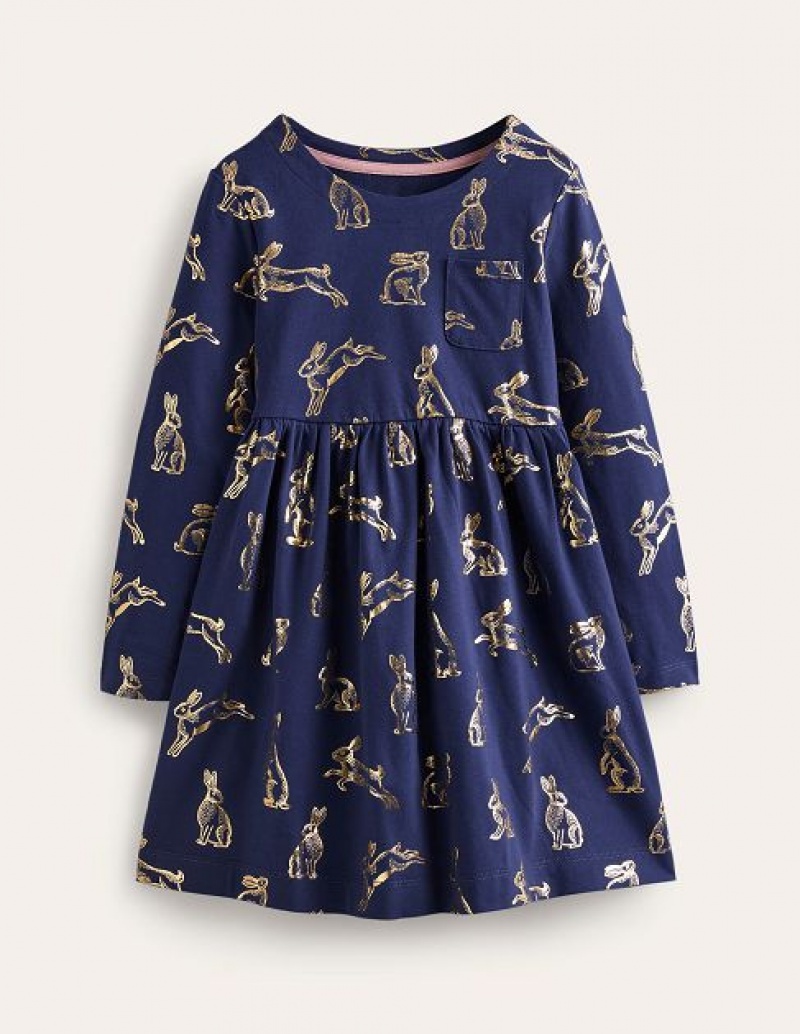 Navy Kids' Boden Long Sleeve Fun Jersey Dress | 26143TASD