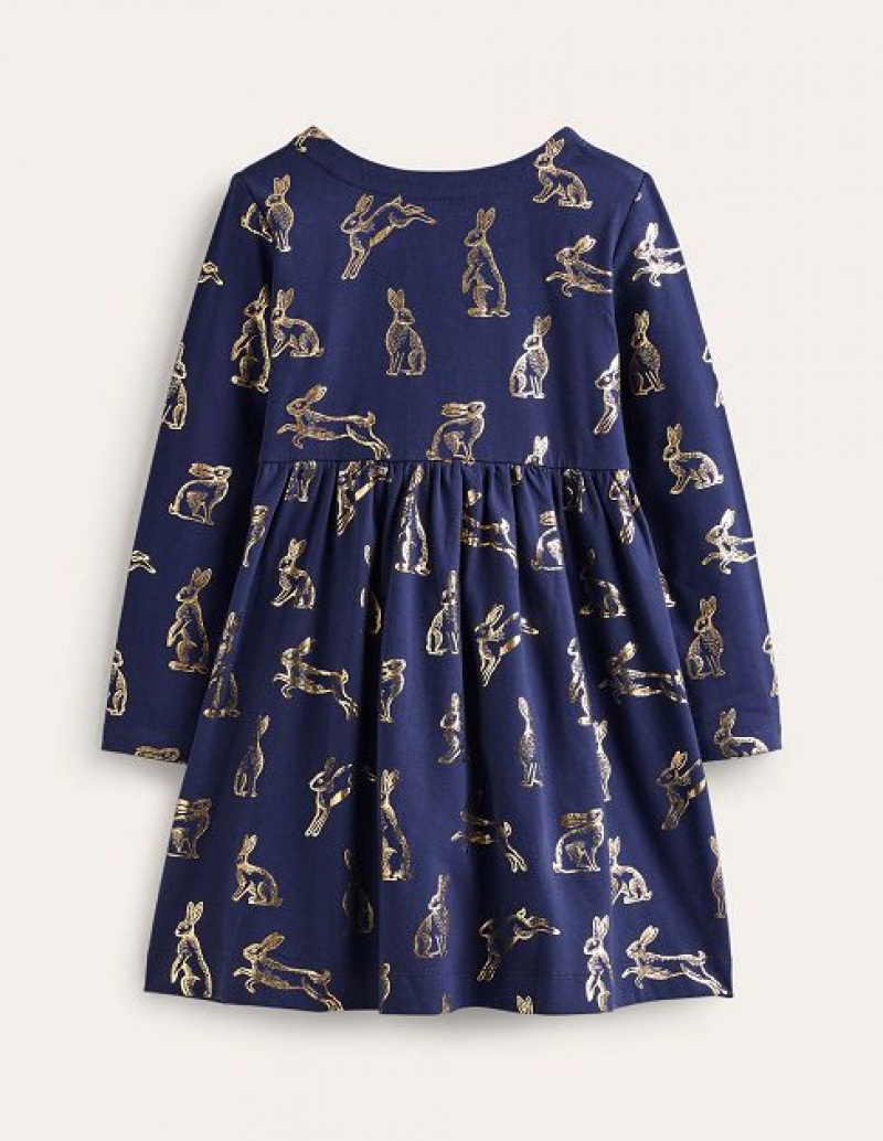 Navy Kids' Boden Long Sleeve Fun Jersey Dress | 26143TASD