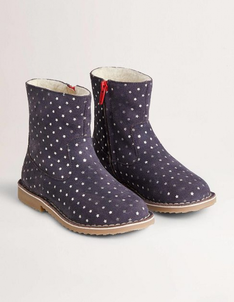 Navy Kids' Boden Print Suede Ankle Boots | 62153HUBF