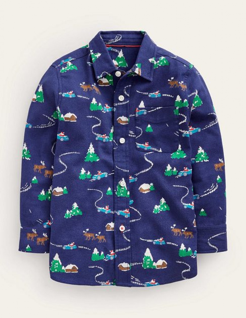 Navy Kids' Boden Printed Brushed Flannel Shirts | 15482VDIS