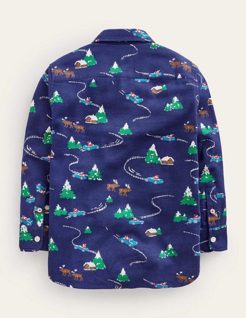 Navy Kids' Boden Printed Brushed Flannel Shirts | 15482VDIS