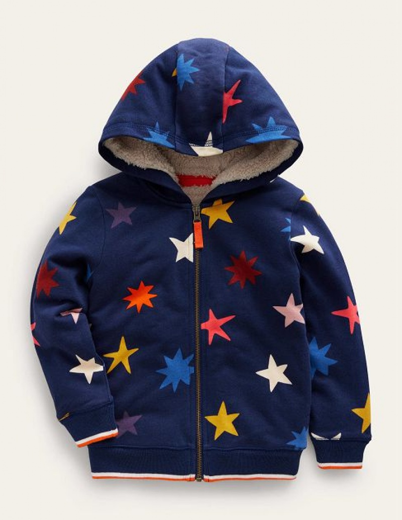 Navy Kids' Boden Printed Shaggy-lined Hoodie | 62891DURN